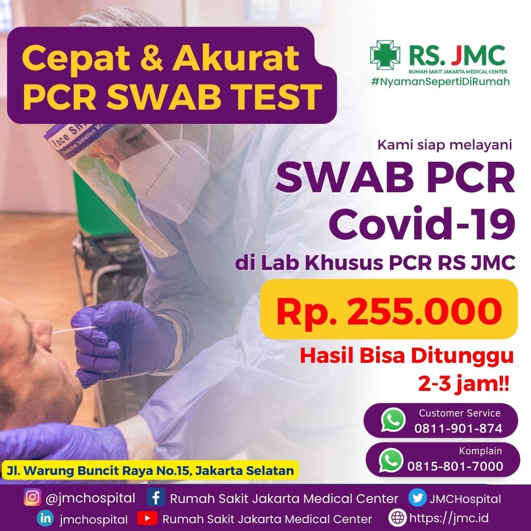 Poster layanan swab PCR Covid-19 RS Jakarta Medical Center.