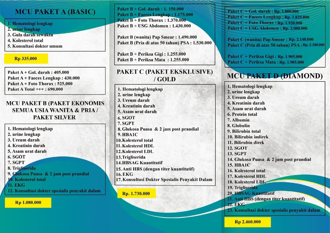 Poster MCU General lembar pertama: rincian pemeriksaan dan harga Paket A, B, C, dan D beserta pilihan tambahannya.