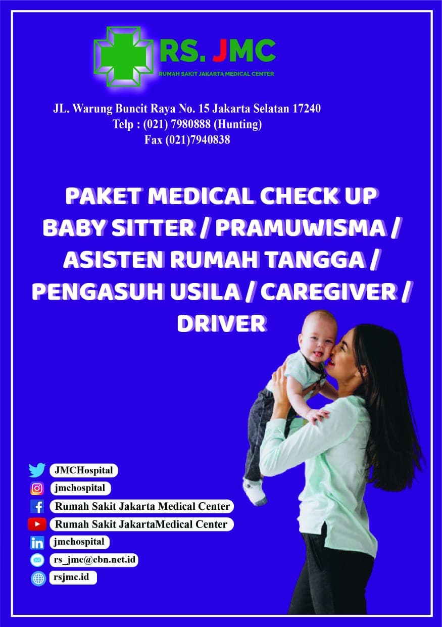 Poster MCU Baby Sitter, Driver, dan Care Giver RS JMC: rincian pemeriksaan dan harga Paket A, B, dan C beserta pilihan tambahannya.