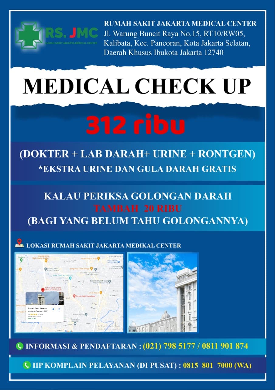 Poster MCU Ekonomis RS JMC seharga 312 ribu, berisi pemeriksaan dokter, laboratorium darah, urine, dan rontgen.