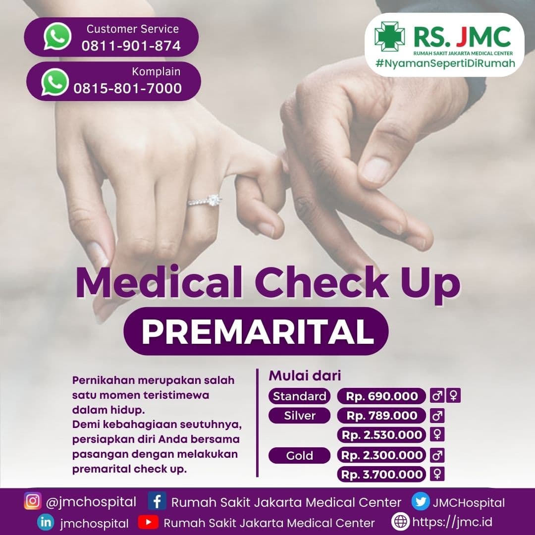 Poster MCU Premarital RS JMC berisi daftar harga paket Standard, Silver, dan Gold untuk pria dan wanita.