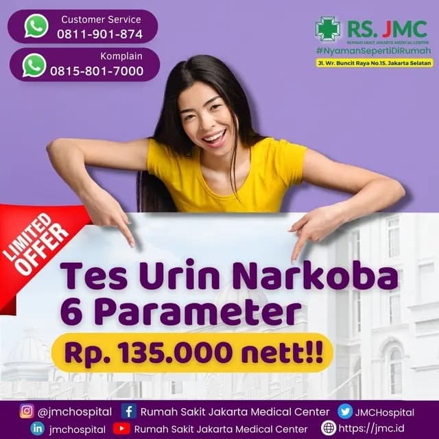 Poster tes urin narkoba enam parameter RS JMC, dengan keterangan penawaran terbatas.