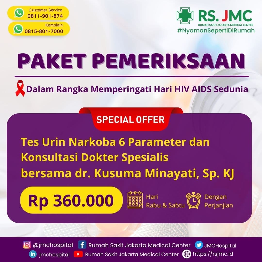 Poster paket tes urin narkoba enam parameter bersama konsultasi dokter spesialis kedokteran jiwa RS JMC.