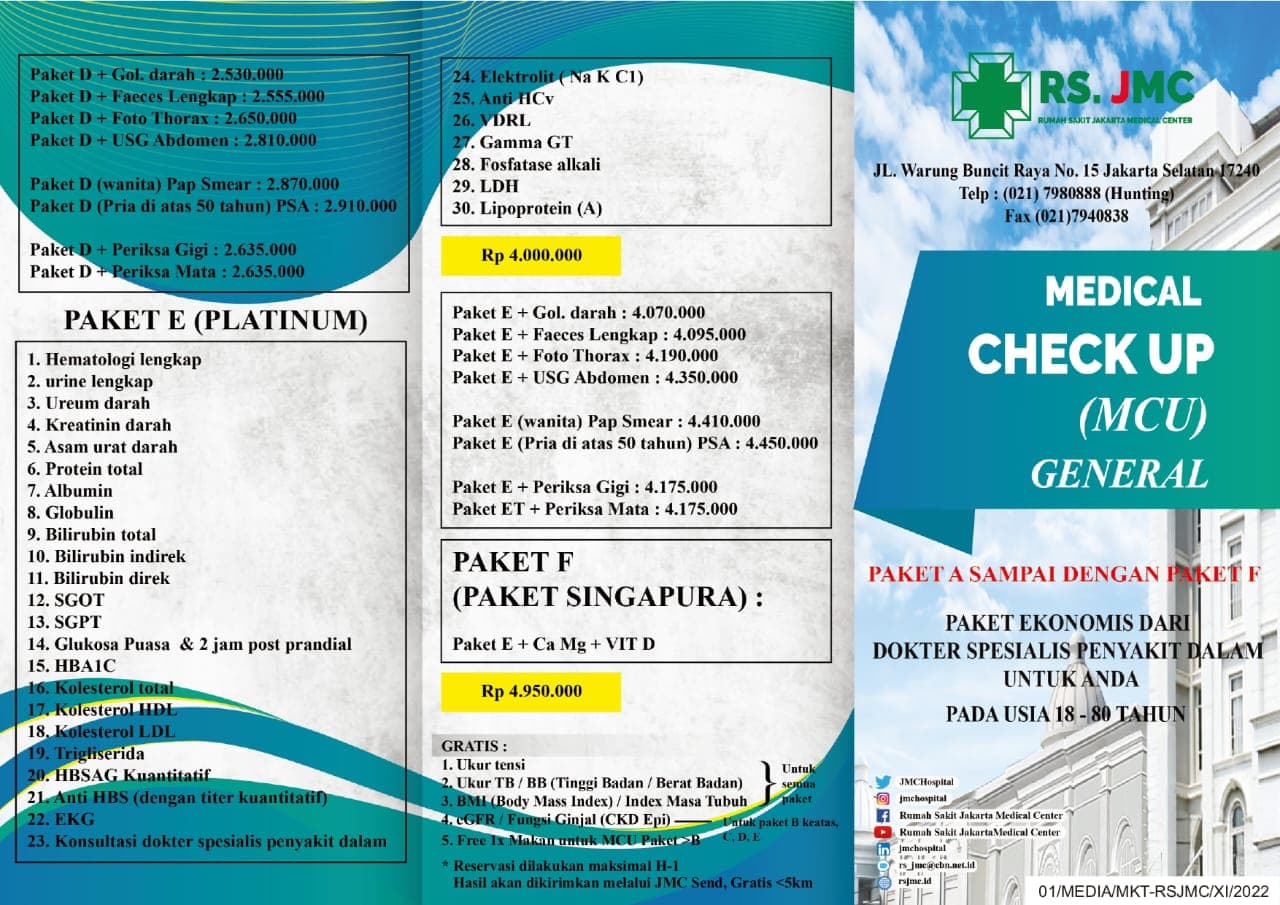 Poster MCU General lembar kedua: tambahan Paket D, rincian Paket E dan F, serta daftar pemeriksaan gratis.