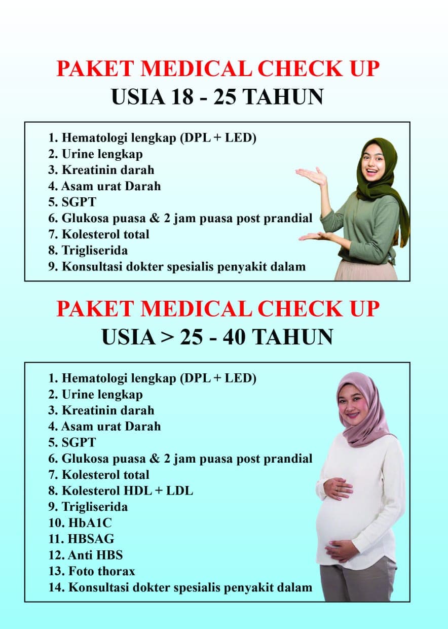 Daftar pemeriksaan paket usia 18-25 tahun dan di atas 25-40 tahun.