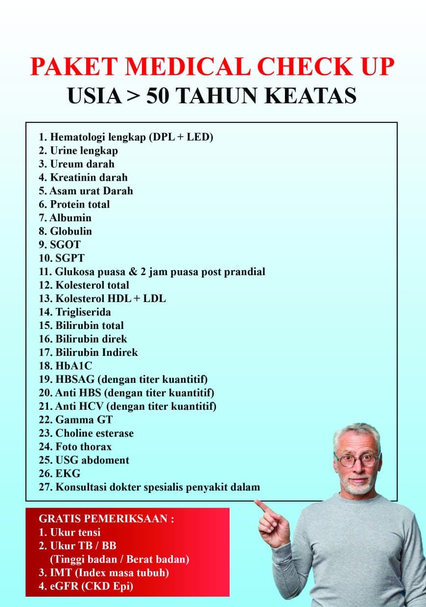 Daftar pemeriksaan paket usia di atas 50 tahun beserta daftar pemeriksaan gratis.