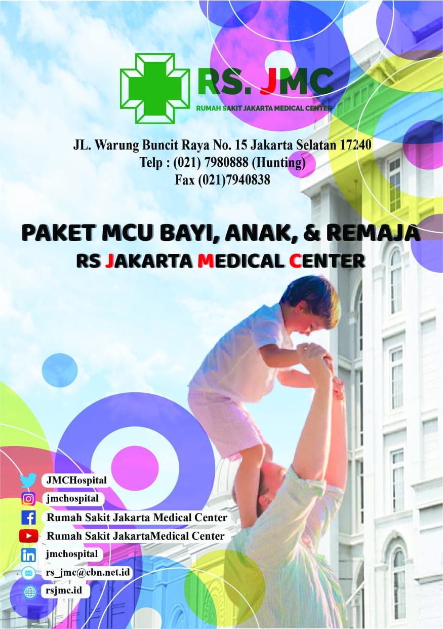Poster MCU Anak: rincian pemeriksaan dan harga paket bayi, balita, usia sekolah dini, dan remaja.