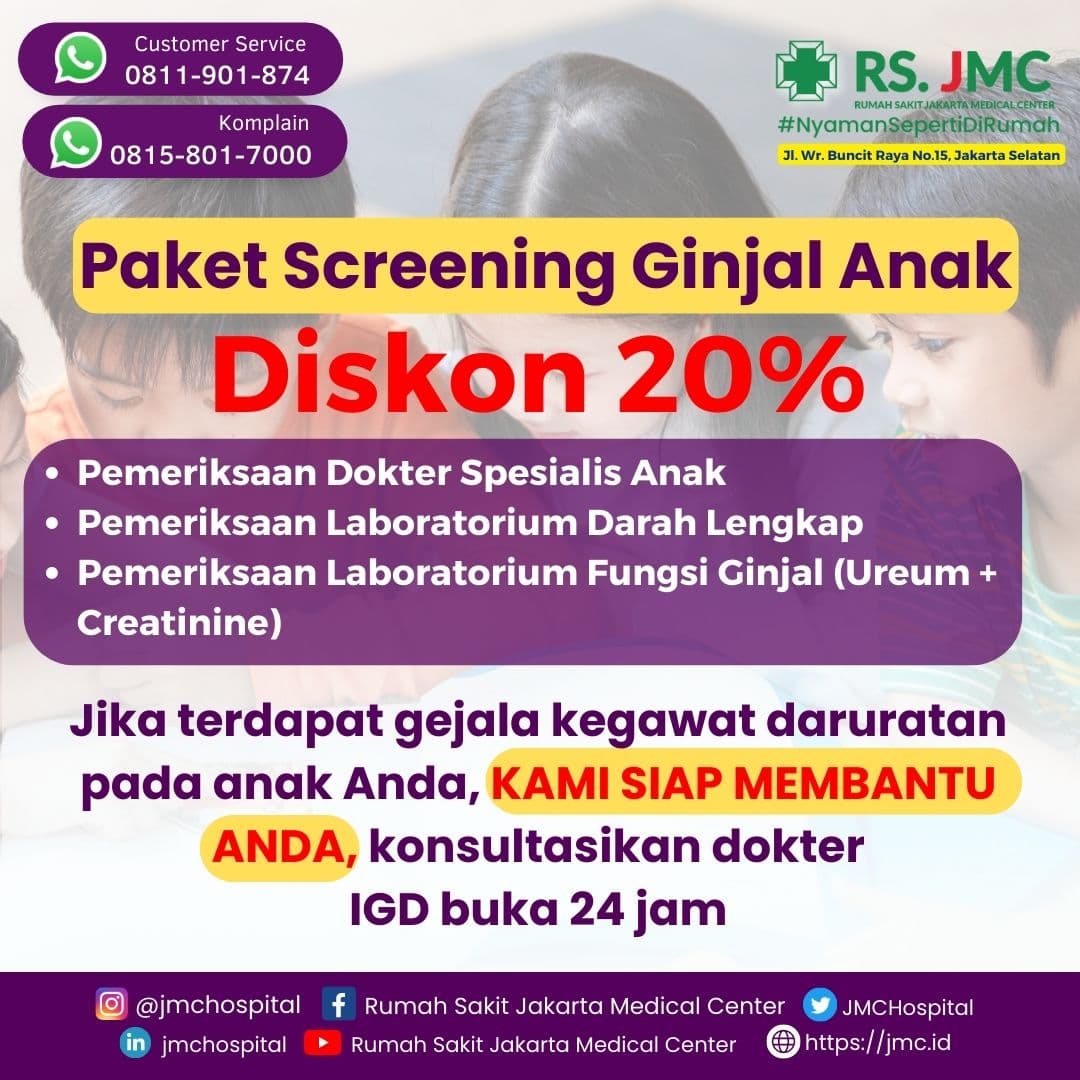 Poster Paket Screening Ginjal Anak RS JMC: pemeriksaan dokter spesialis anak, darah lengkap, dan fungsi ginjal.