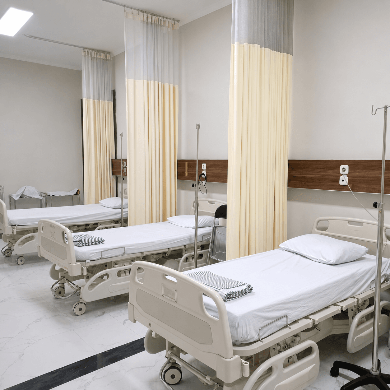Kamar rawat inap RS JMC dengan ranjang pasien dan tirai pembatas antar tempat tidur.