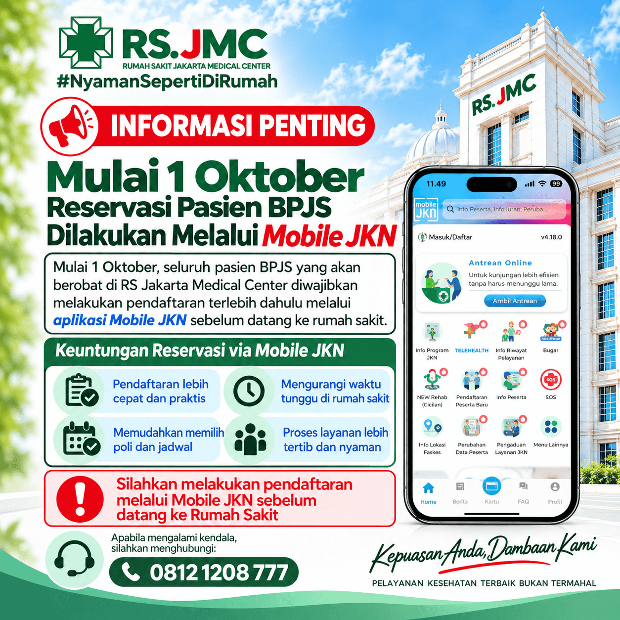 Poster pengumuman RS Jakarta Medical Center: mulai 1 Oktober, pasien BPJS wajib mendaftar lebih dahulu lewat aplikasi Mobile JKN sebelum datang ke rumah sakit.