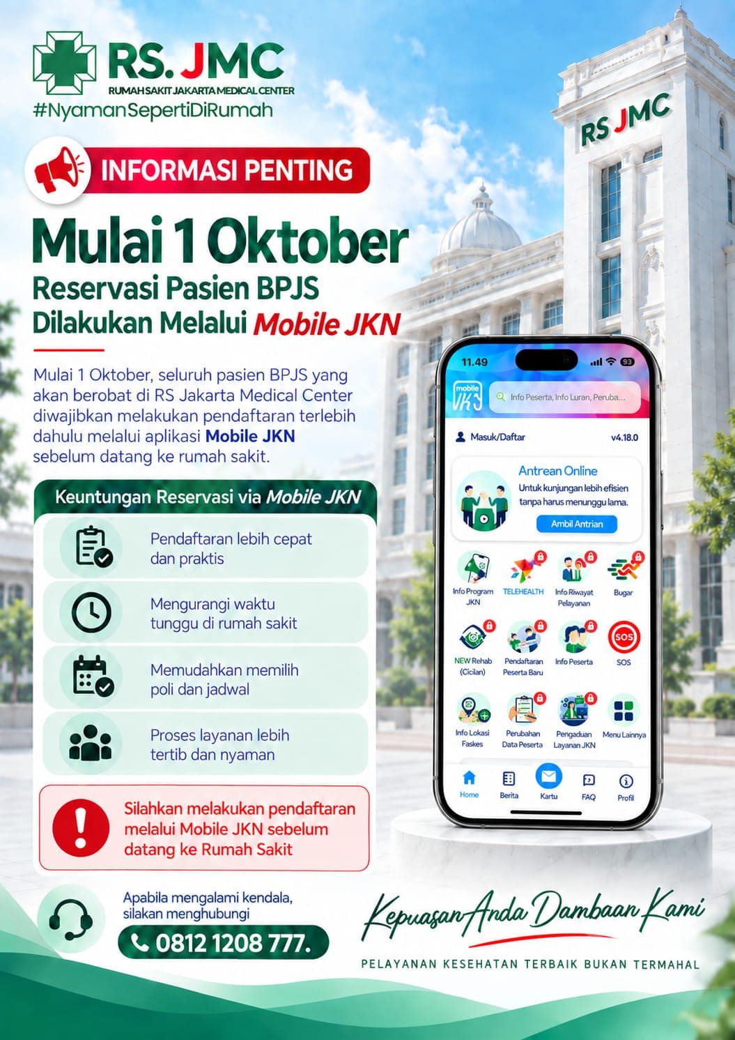 Poster pengumuman RS Jakarta Medical Center: mulai 1 Oktober, pasien BPJS wajib mendaftar lebih dahulu lewat aplikasi Mobile JKN sebelum datang ke rumah sakit.