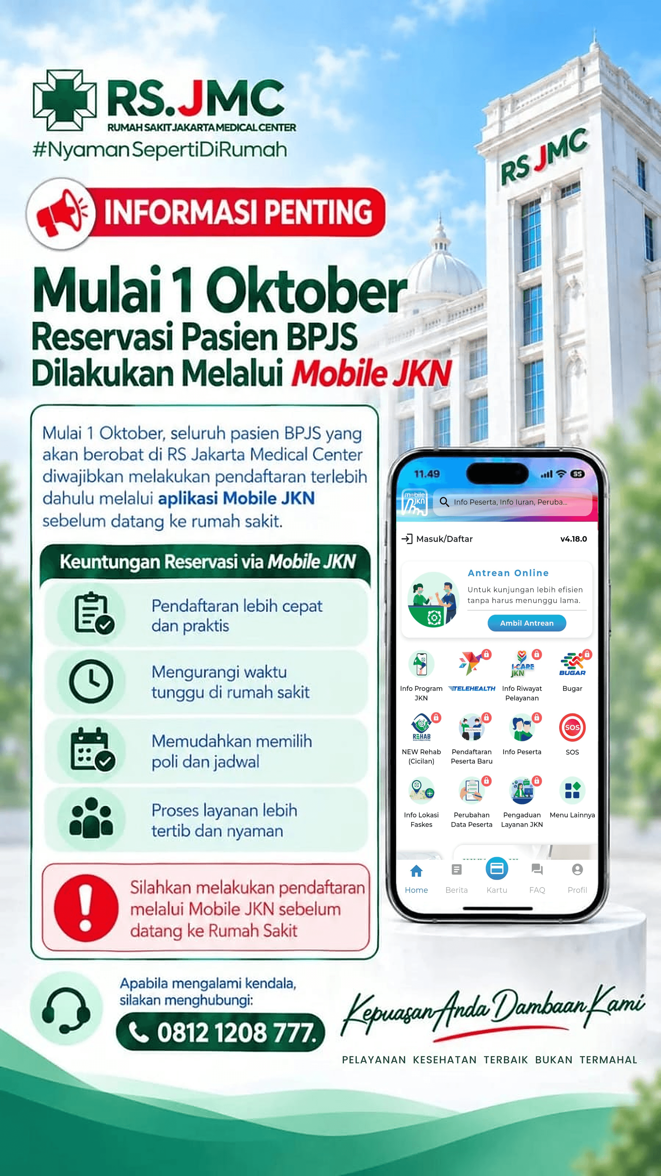 Poster pengumuman RS Jakarta Medical Center: mulai 1 Oktober, pasien BPJS wajib mendaftar lebih dahulu lewat aplikasi Mobile JKN sebelum datang ke rumah sakit.