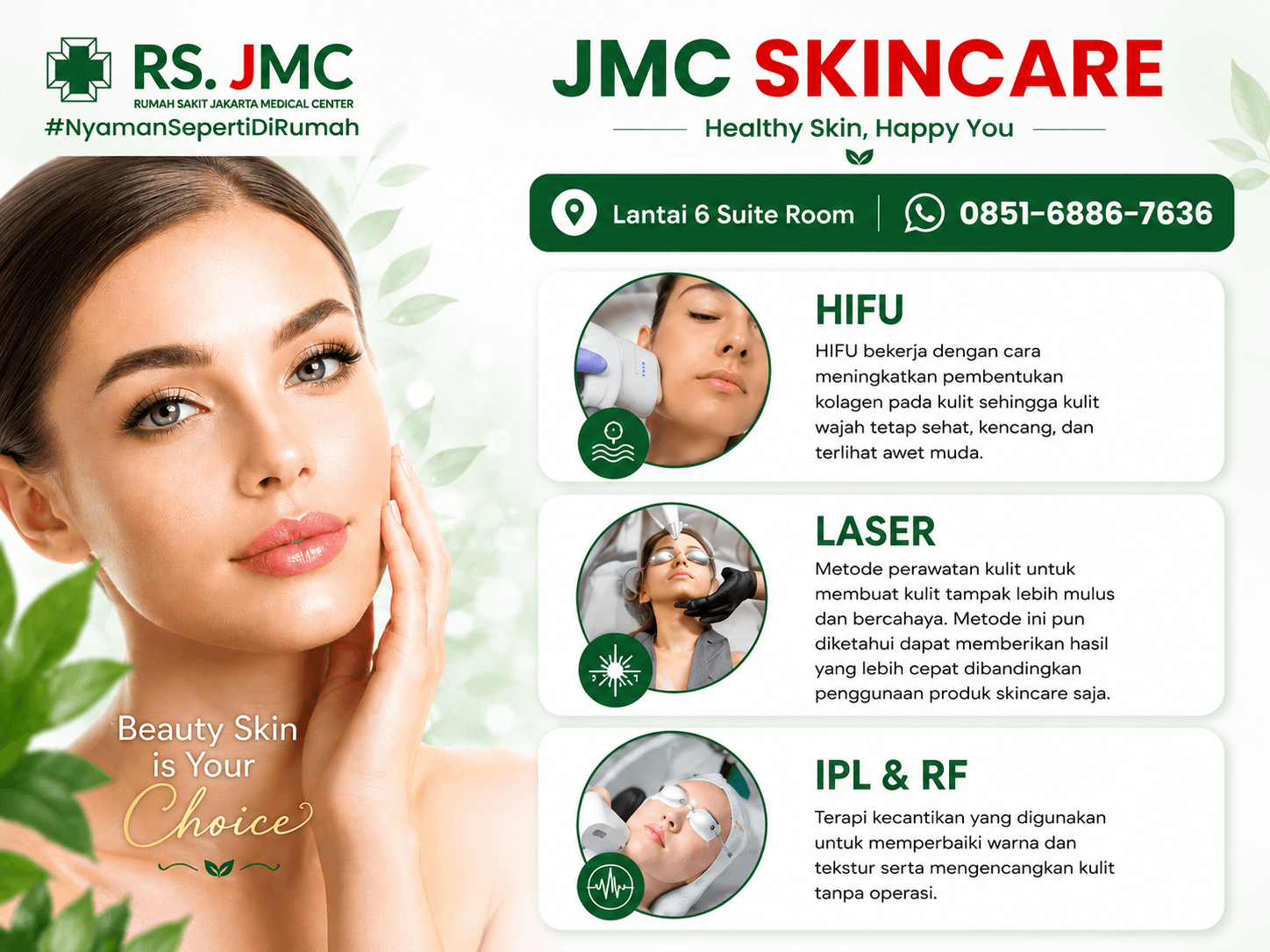 Poster JMC Skincare lembar pertama: alamat Lantai 6 Suite Room, nomor WhatsApp 0851-6886-7636, serta perawatan HIFU, Laser, dan IPL & RF beserta keterangannya.
